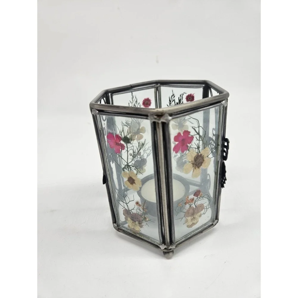 Vintage Dried Pressed Flower Glass Candle Tea Light Votive Holder Square Silver